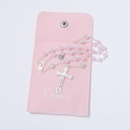 KOMI Crystal Rosary Beads with Jesus Crucifix, Catholic Necklace for Women First Communion Rosarios Wedding Rosary with Velvet Bag - style: 6MM-pink