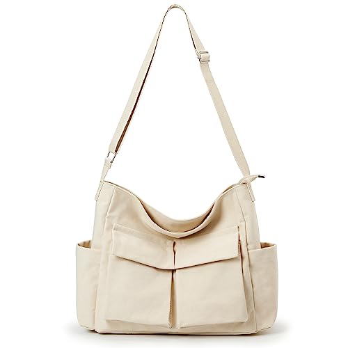 KALIDI Canvas Tote Bag Zipper Large Crossbody Shoulder Bag Messenger Bag - color: Upgraded Beige