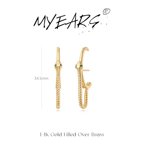 MYEARS Women Hoop Earrings Gold 14K Gold Filled Small Simple Handmade Hypoallergenic Everyday Illusion Jewelry - style: Snake Green Eye