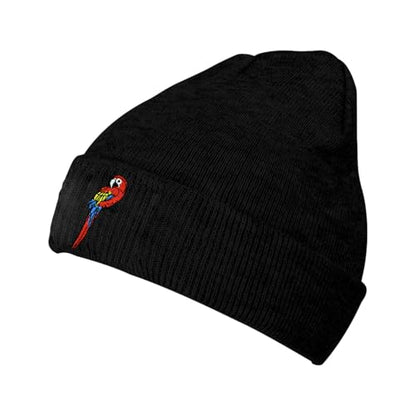 Black Beanie Hat for Men Women Embroidered Knit Winter Beanies Cap - color: Parrot