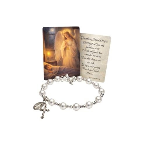 Westmon Works Guardian Angel Bracelet for Females Glass Bead Rosary Bracelet with Laminated Matching Holy Card Made in USA First Communion Gift