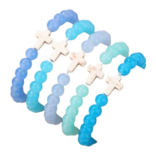5Pcs Set Cross Beaded Crystal Turquoise Colorful Stretch Bracelet Christian Matching Strand Bracelet for Women Holiday Bohemian Boho Jewelry Multilayered Handmade - color: J