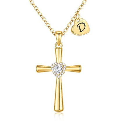 MONOOC Cross Initial Necklace for Women Girls - Christian Birthday Gifts - color: D
