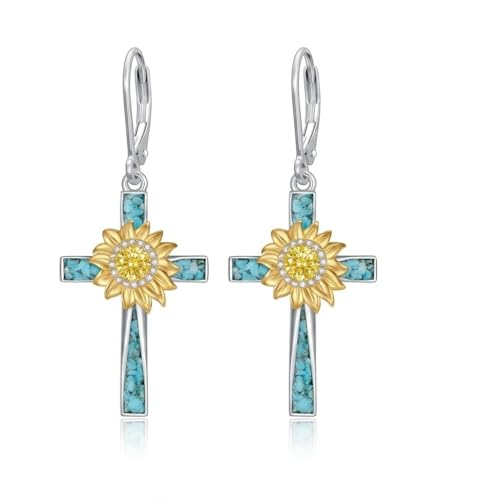 Sunflower Earrings 925 Sterling Silver Genuine Turquoise with Cross Drop Earrings for Women