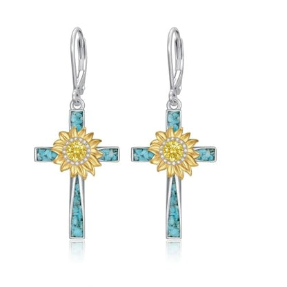 Sunflower Earrings 925 Sterling Silver Genuine Turquoise with Cross Drop Earrings for Women