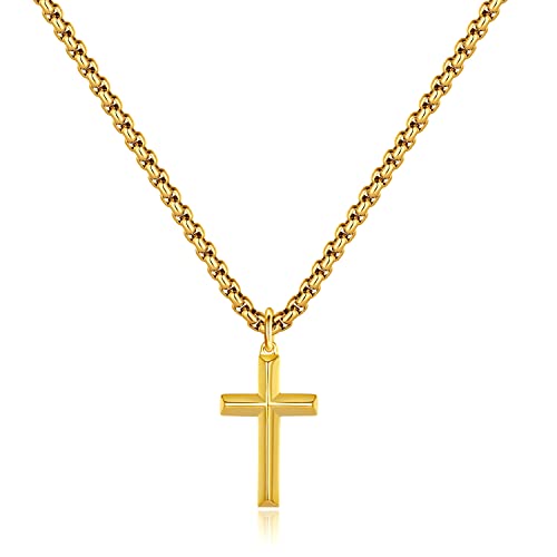 REVEMCN Christian Black Gold Silver Cross Necklace for Boys & Men, 16-22" - color: Gold - 0.8'' × 0.5'' beveled cross pendant, size: 20 inches