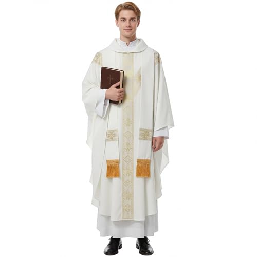 FAD-4U Church Catholic Priest Chasubles Vestments for Church Mass Vestments Robe with Stole - color: White