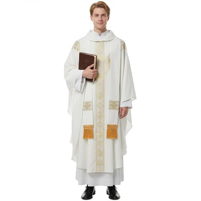 FAD-4U Church Catholic Priest Chasubles Vestments for Church Mass Vestments Robe with Stole - color: White