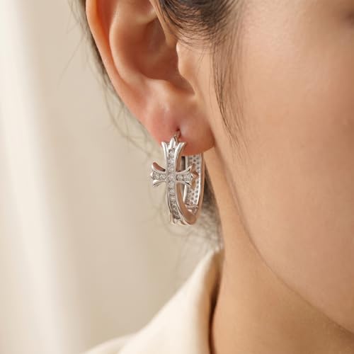 14K Gold Plated Cross Hoop Earrings for Women, Crystal Huggie Earrings, Elegant Faith Jewelry Gift - color: silver