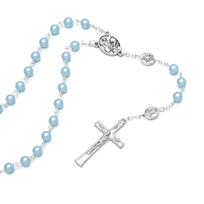 KOMI 6mm Glass Pearl Rosary Beads Catholic for Women with Metal Rosary Box Religious Gifts - style: St Michael-blue