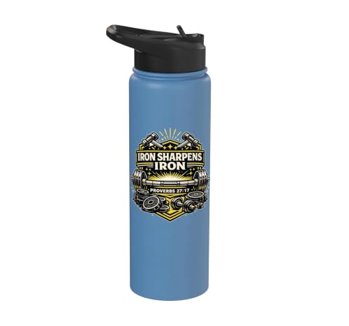 Iron Sharpen's Iron Christian Men Bible Scripture Gym Workou Stainless Steel Insulated Water Bottle - color: Light Blue