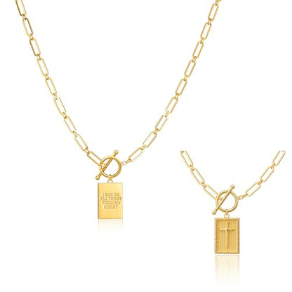Robaice 14K Gold Plated Toggle Cross Necklace for Women - color: B Gold: I CAN DO ALL THINGS THROUGH CHRIST