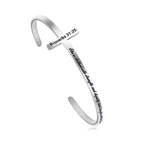 Memgift 𝐂𝐫𝐨𝐬𝐬 𝐁𝐫𝐚𝐜𝐞𝐥𝐞𝐭 Religious Cuff Bangle 𝐁𝐢𝐛𝐥𝐞 𝐕𝐞𝐫𝐬𝐞 Christian Gifts Jewelry for 𝐖𝐨𝐦𝐞𝐧 - style: 0.Silver cuff-She is clothed with strength... the future -Proverbs 31:25