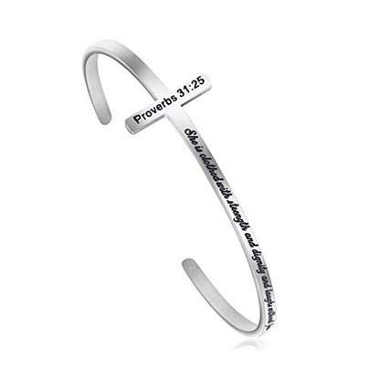 Memgift 𝐂𝐫𝐨𝐬𝐬 𝐁𝐫𝐚𝐜𝐞𝐥𝐞𝐭 Religious Cuff Bangle 𝐁𝐢𝐛𝐥𝐞 𝐕𝐞𝐫𝐬𝐞 Christian Gifts Jewelry for 𝐖𝐨𝐦𝐞𝐧 - style: 0.Silver cuff-She is clothed with strength... the future -Proverbs 31:25