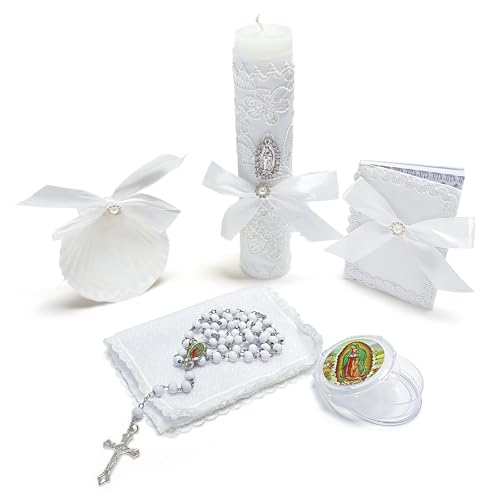 Baptism Candle Set for Boys Girls,White 5 PCS Baptism Kit Virgen De Guadalupe Catholic Candle,Baptismal Towel,Baptismal Shell,Rosary,Bible for Baby Dedication Christening Gift,Velas para Bautizo Niño