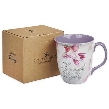 Christian Art Gifts Large Ceramic Scripture Coffee Mug for Women - color: Purple/Strength & Dignity