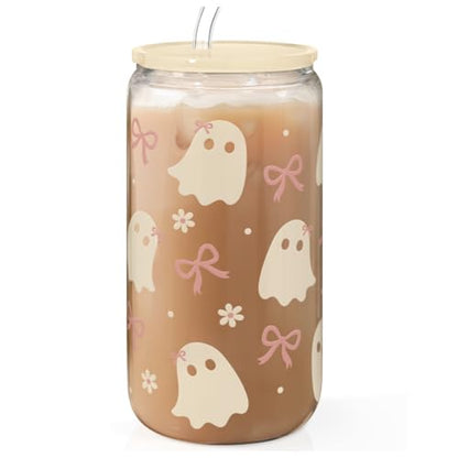 SANDJEST Halloween 16oz Can Glass Tumbler with Acrylic Lid & Straw, Iced Coffee Cup for Women Girls, Aesthetic Cups Gifts for Party - color: Boo