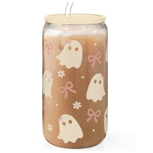 SANDJEST Halloween 16oz Can Glass Tumbler with Acrylic Lid & Straw, Iced Coffee Cup for Women Girls, Aesthetic Cups Gifts for Party - color: Boo