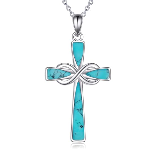 Infinity Cross Necklace S925 Sterling Silver Turquoise/Wooden/Opal/Abalone Cross Pendant Necklaces Christian Jewelry Gifts For Women - style: Green Turquoise
