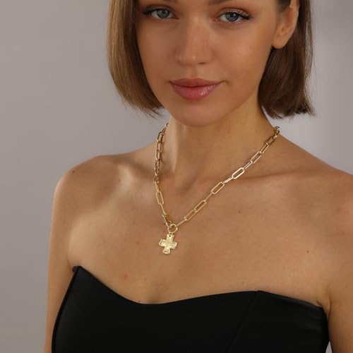 Chunky Cross Necklace for Women, 14K Gold Silver Pendant Necklace - color: Gold-Lobster Clasp-0.8 inch pendant