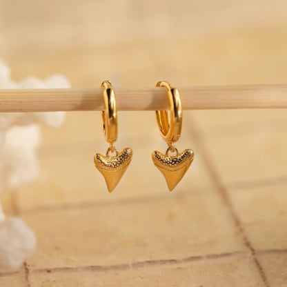 Dangle Earrings for Women, Dainty Huggie Hoop Dangle Earrings - color: Shark Tooth 01 Dangle Gold