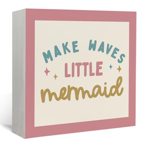 Lacama Mermaid Girls Room Decor Wooden Box Sign, Ocean Nursery Decorations Wood Block Signs, Make Waves Little Mermaid Wood Sign for Baby Little Girls Room Bedroom Desk Shelf Wall Decor 5x5 Inches - color: Make Waves Little Mermaid