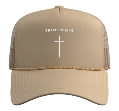Christ is King Jesus Cross - Minimalist Christian Faith Trucker Hat with Adjustable Mesh Back - color: Khaki