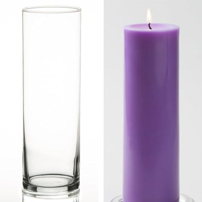 12 Eastland Glass Cylinder Vases 10.5" and 12 Lavender Richland Pillar Candles 3"x9" - color: Lavender, size: 9"