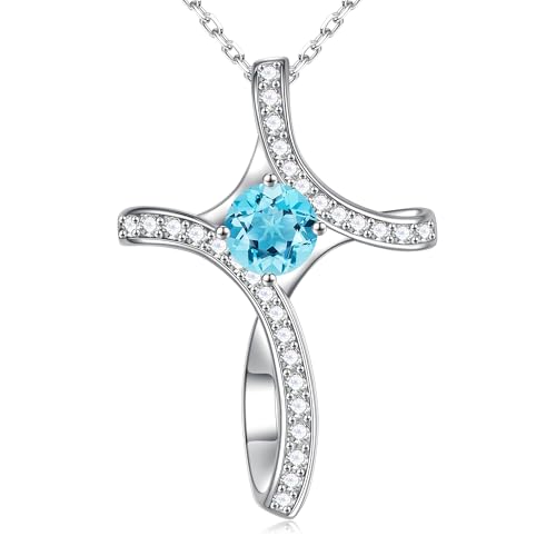 Iefil Cross Necklace for Women - Birthstone Necklace for Women Wife Her - color: 03-March-Aquamarine Light Blue
