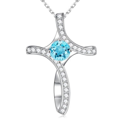Iefil Cross Necklace for Women - Birthstone Necklace for Women Wife Her - color: 03-March-Aquamarine Light Blue