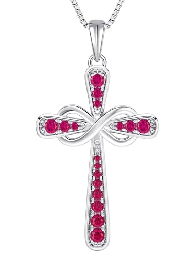 YL 925 Sterling Silver Cross Necklace for Women Halo Infinity Pendant Cubic Zirconia Jewelry for Mom - color: 07-ruby-Jul
