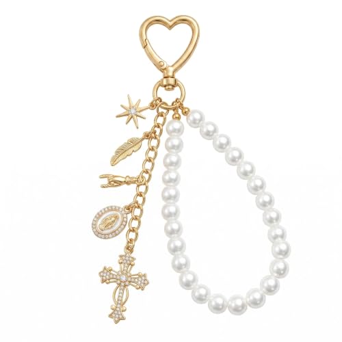 Cute Bag Charms Keychain - Pearl Keyring Wristlet Birthday Gifts - color: Gold Cross