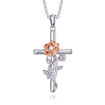 Distance Cross Necklace for Women 925 Sterling Silver Jewelry Pendant Necklace for Mom Wife Gift for Mother's Day or Birthday - style: Two-tone Rose Cross Necklace