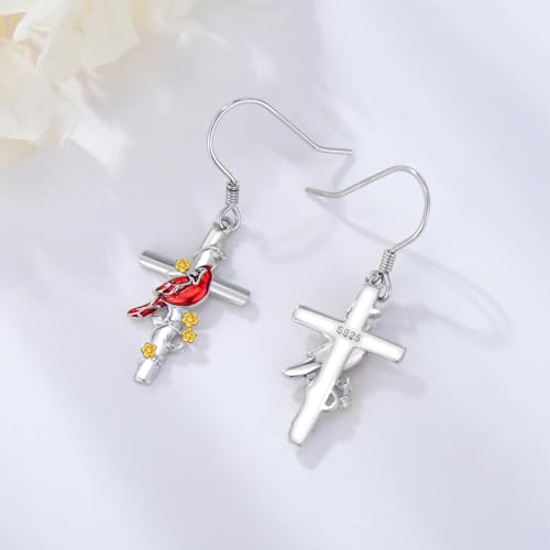 Cardinal/Hummingbird/Parrot Earrings for Women 925 Sterling Silver Bird Dangle Drop Leverback Earrings Hypoallergenic Cardinal Jewelry Christmas Birthday Gifts - style: Cardinal Cross