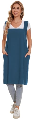 Linen Cotton Aprons for Women Smock Cross-Back Apron with Pockets - color: 07-dark Blue, size: XX-Large