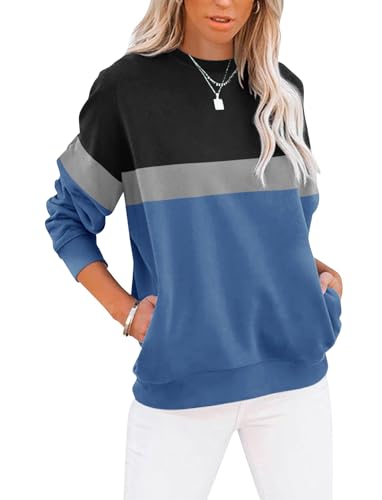 TICTICMIMI Women's Casual Crewneck Sweatshirts Cute Loose Fit with Pockets - color: A- Black Navy, size: X-Large