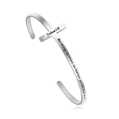 Memgift 𝐂𝐫𝐨𝐬𝐬 𝐁𝐫𝐚𝐜𝐞𝐥𝐞𝐭 Religious Cuff Bangle 𝐁𝐢𝐛𝐥𝐞 𝐕𝐞𝐫𝐬𝐞 Christian Gifts Jewelry for 𝐖𝐨𝐦𝐞𝐧 - style: Silver cuff-Be strong ,Be brave ,Be fearless.you are never alone -Joshua 1:9