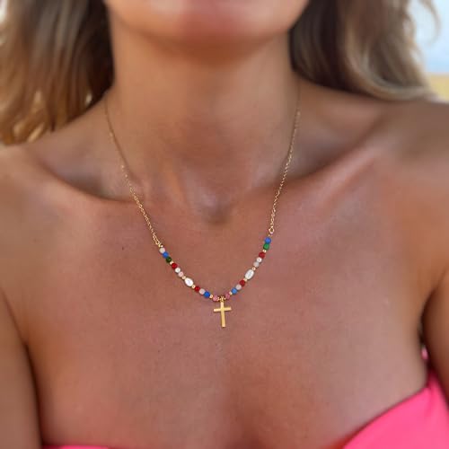 18K Gold Plated Cross Necklace for Women Trendy - color: Colorful Bead Cross
