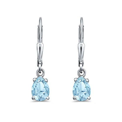 Teardrop Bridal Dangling Leverback Earrings Pear Cubic Zirconia 925 Sterling Silver - color: Simulated Aquamarine CZ