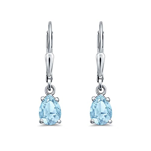 Teardrop Bridal Dangling Leverback Earrings Pear Cubic Zirconia 925 Sterling Silver - color: Simulated Aquamarine CZ