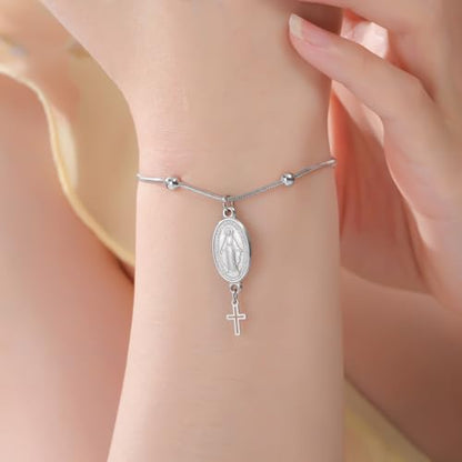 VASSAGO Virgin Mary Bracelet for Women Men Double-Sided Virgen de Guadalupe Rosary Bracelet Medal Handmade Braided Rope Catholic Christian Religious Jewelry Gift - color: Silver 10