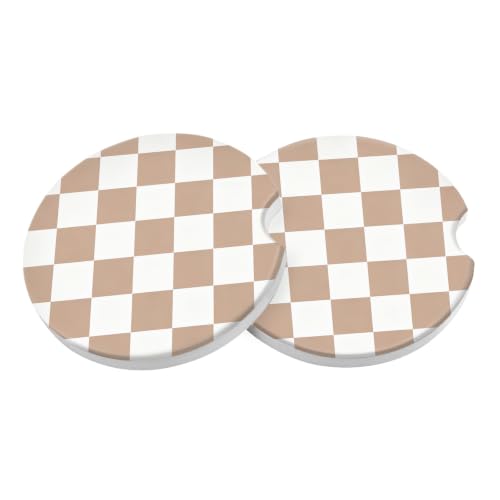 Car Coasters 2 Pack, Small 2.56" Stone Car Interior Cupholder Absorbent Coaster with Cork Back for Women Men Coffee Drink Cup Coasters (Bronze-White Checkered) - color: Bronze-white Checkered
