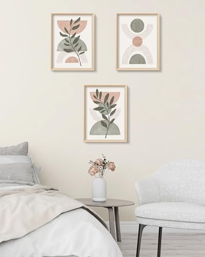 HesenDot Boho Sage Green Framed Wall Art, 12x16IN High Wood Frame Design - color: High Frame Green Neutral Leaf
