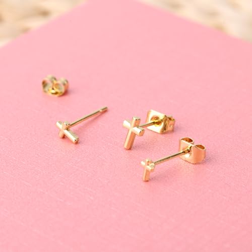 3pcs Cross Stud Earrings, 3 Size Flat Back Cross Stud Cartilage Piercing Jewelry for Women Men - color: Gold