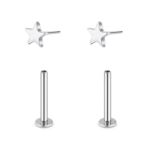 1 Pairs G23 Titanium 20G/18G/16G Press Fit Threadless Push Pop Top 4mm Flat Back Piercing Lip Stud Earring Labret Monroe Lip Ring Tragus Cartilage Bar Lehgth 6mm-12mm - color: 1 Pair Star