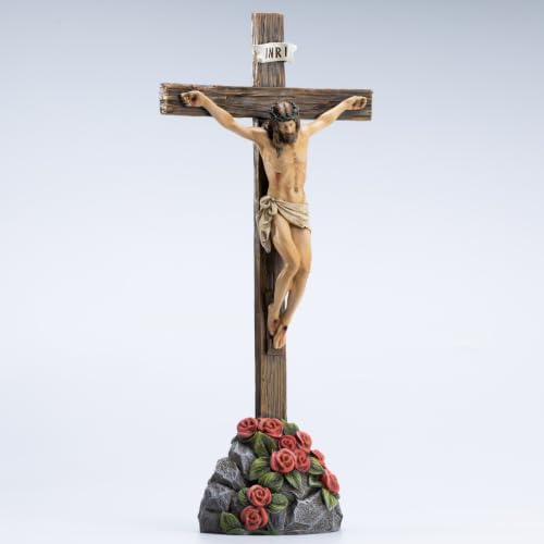 BC Catholic Crucifix Standing Cross with Rose Stone Base 12"H - size: 12 inches H