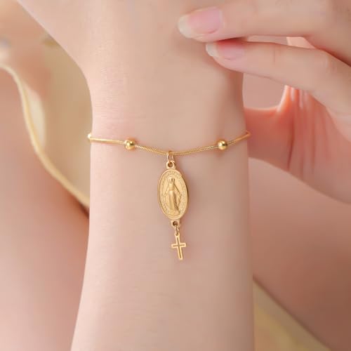 VASSAGO Virgin Mary Bracelet for Women Men Double-Sided Virgen de Guadalupe Rosary Bracelet Medal Handmade Braided Rope Catholic Christian Religious Jewelry Gift - color: Gold 10