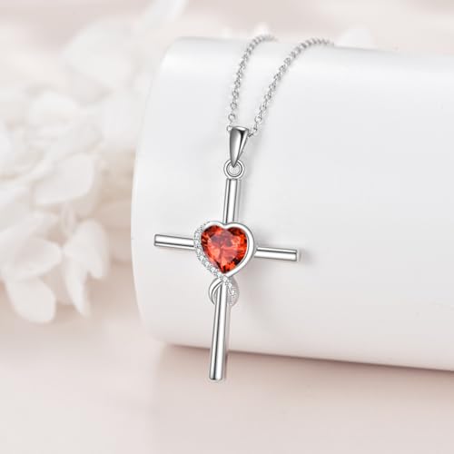S925 Sterling Silver Cross Necklace for Women Birthstone Necklace Heart Infinity Cross Pendant Necklace Christmas Valentines Day Gifts Birthday Holiday Gifts for Her, 18"+2" Inches - color: 01-Jan Birthstone - Garnet