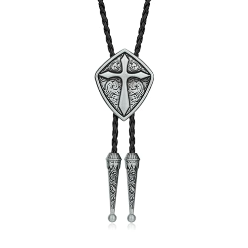 Western Cowboy Bolo tie for Men Women Gold Silver Death Skull Moth Cross Bolo Tie Christmas Deer Rooster Wolf Necktie Gift - color: 8# Silver Cross Shield