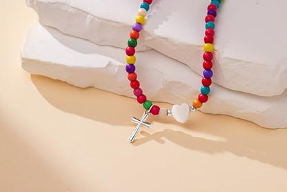 WomenGifts Colorful Beaded Cross Pendant Necklace, Trendy Heart Choker Jewelry for Teen Girls Women, First Communion Confirmation Baptism Catholic Religious Perfect Valentine's Gifts - color: Silver
